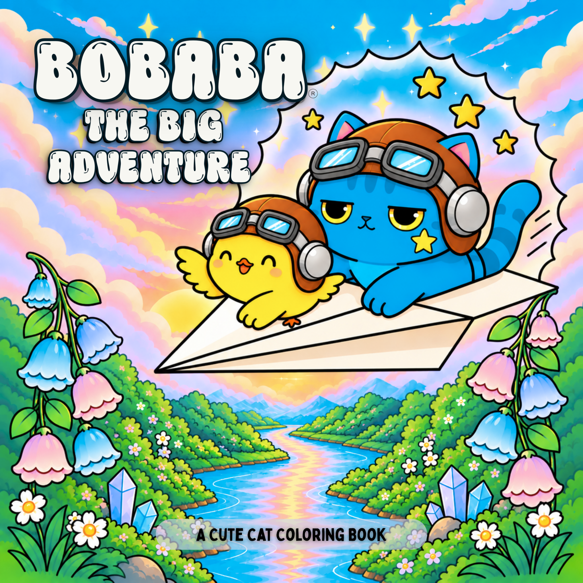 Bobaba The Big Adventure coloring book cover: Bobaba and Taiyo flying a paper plane over a colorful river valley