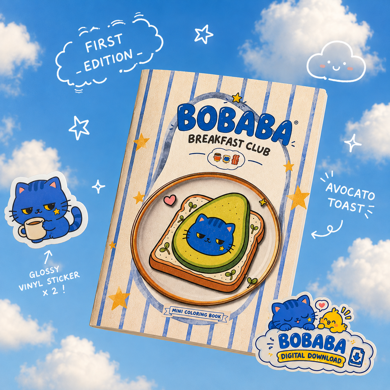 Bobaba Breakfast Club mini coloring book with the blue cat, avocado toast, and yellow bird Taiyo