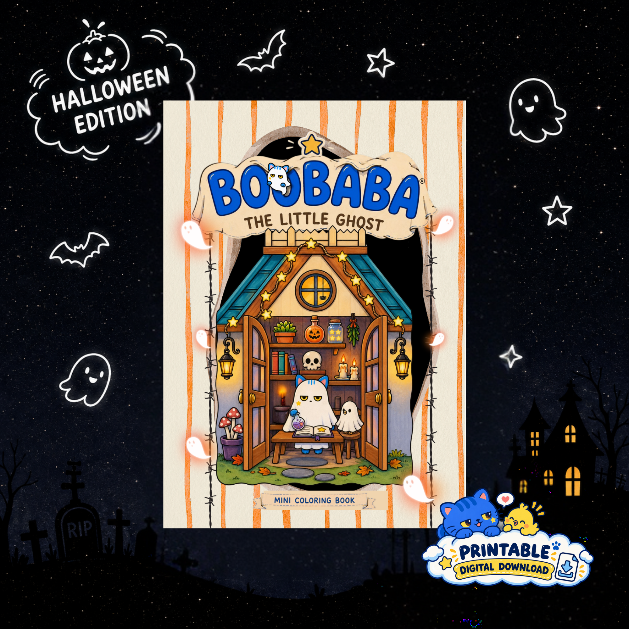 Bobaba The Little Ghost mini coloring zine — Halloween edition printable digital download