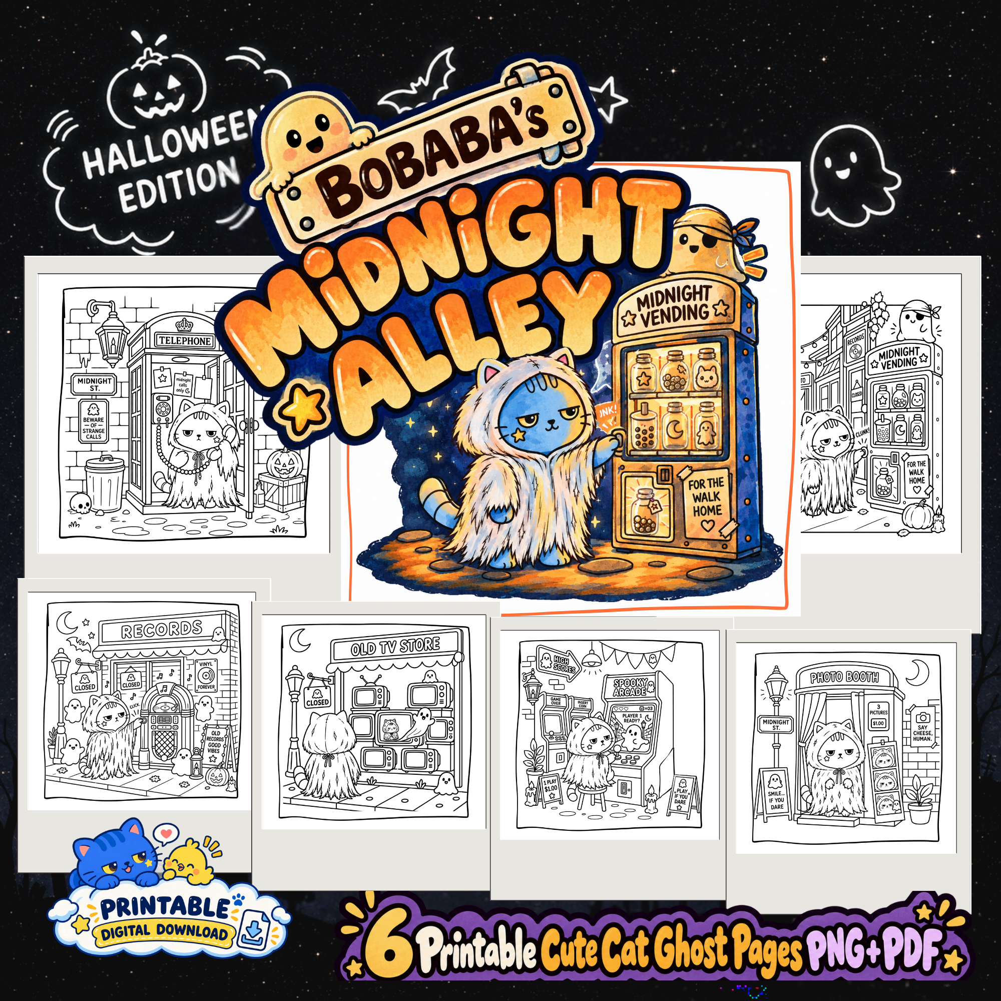 Bobaba’s Midnight Alley — six printable Halloween coloring pages in PNG and PDF