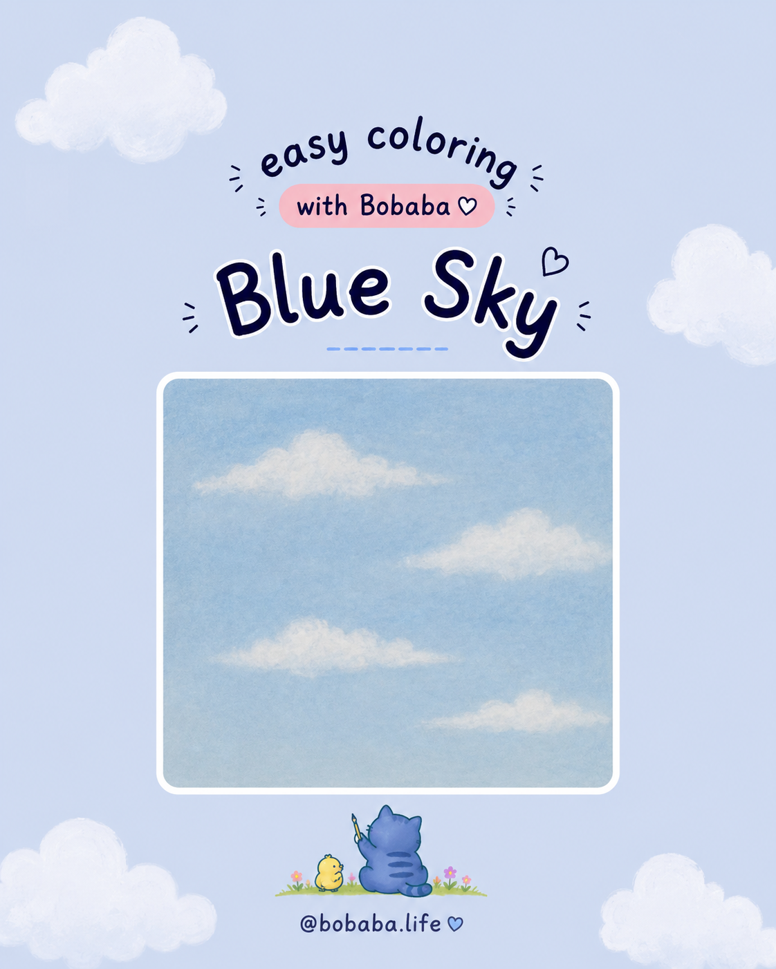 Easy coloring with Bobaba: a soft blue sky coloring guide with Bobaba and Taiyo