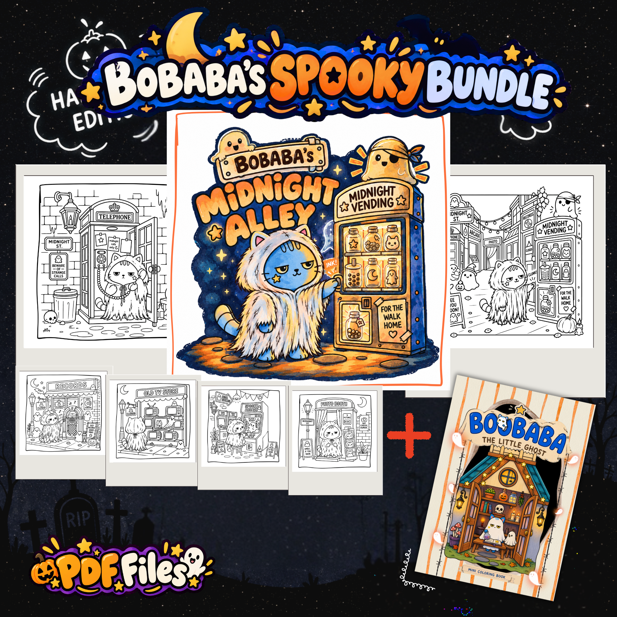Bobaba’s Spooky Bundle — Midnight Alley coloring pages and The Little Ghost mini zine